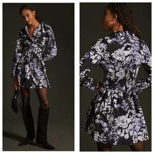 Anthropologie Corset Shirt Dress Black Floral Mini Shirtdress Size 0 Emo Grunge